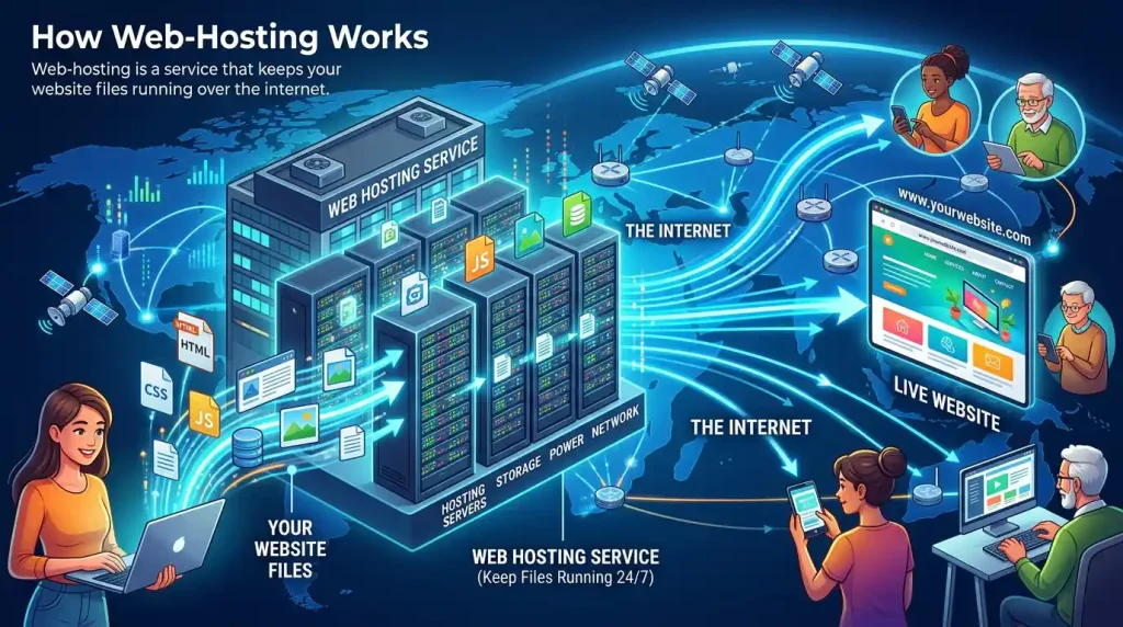 Diagram showing how web hosting server stores website files and connects to visitors over the internet.