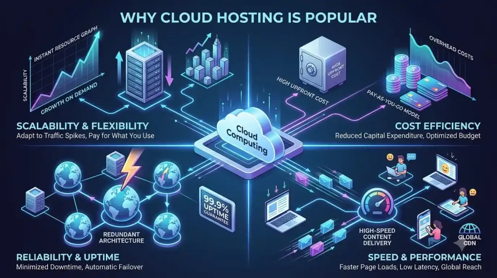 Why cloud hosting is popular for its speed, scalability, reliability, and cost-effective performance.