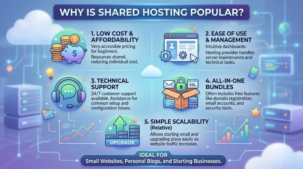 A illustration showing why shared hosting is popular, highlighting low cost, ease of use, and quick setup.