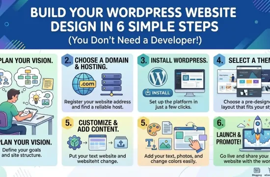A step-by-step graphic showing wordpress website design process for beginners without coding