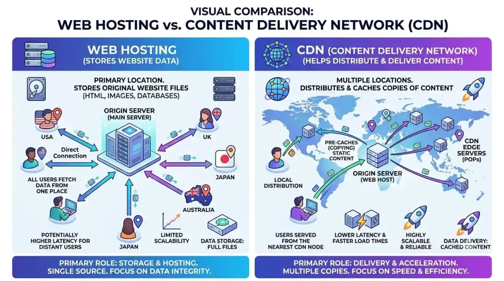 Difference between a CDN and web hosting infrastructure