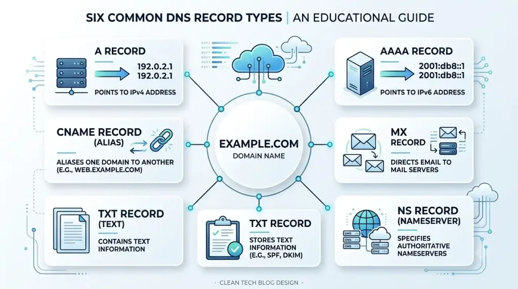Common DNS records including A AAAA CNAME MX TXT and NS