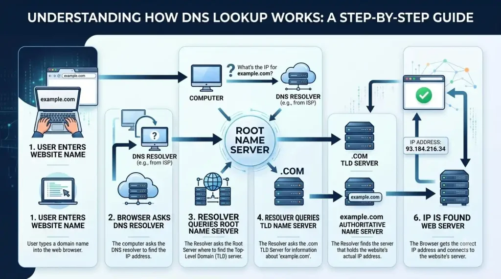 DNS lookup process from domain name to IP address. What is DNS