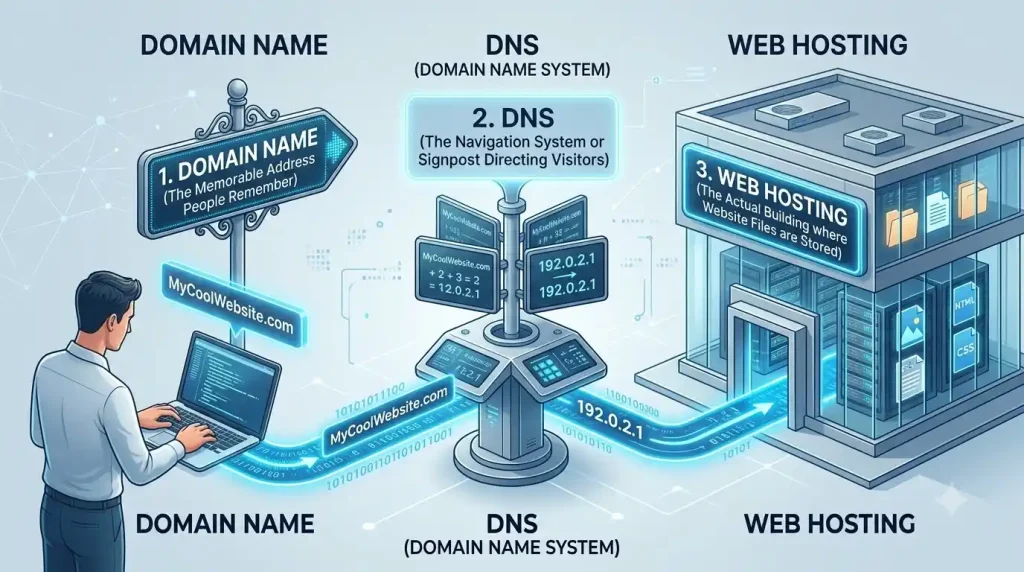 Difference between DNS domain name and web hosting