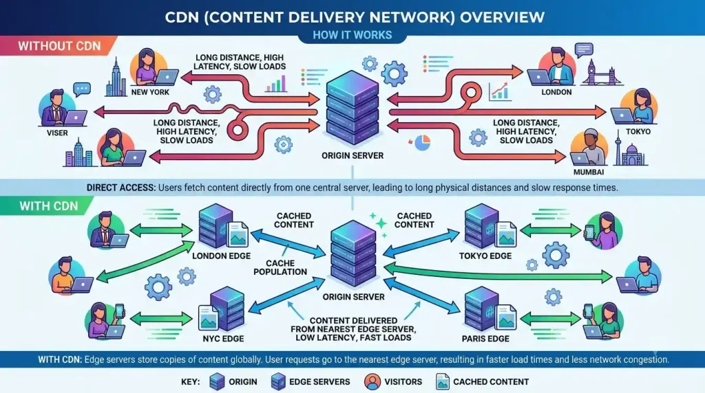How a CDN delivers website content through nearby edge servers