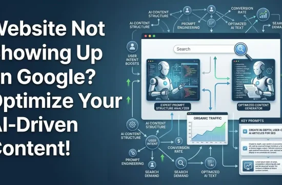 A 3D graphic showing AI tools and robots optimizing a website to help it rank higher on Google search results.