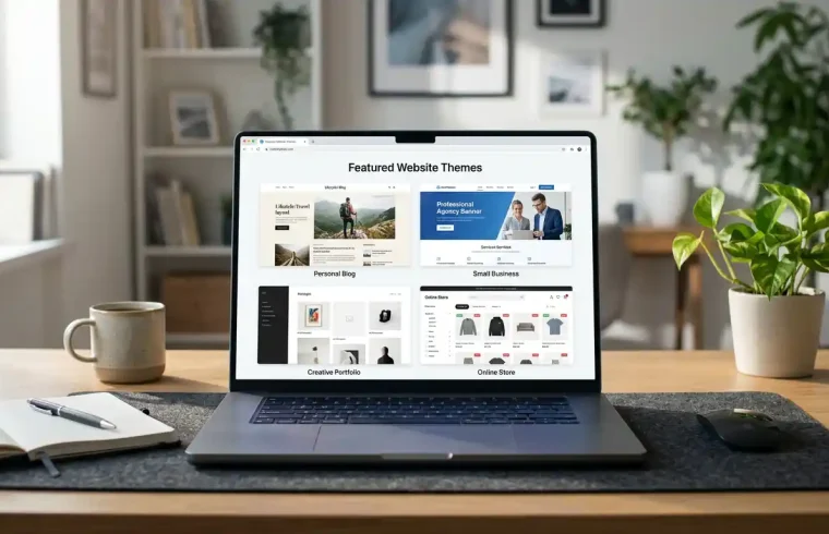 Best WordPress themes displayed as different website layouts on a laptop
