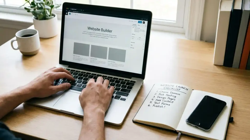 Beginner setting up a WordPress website using a laptop and hosting checklist