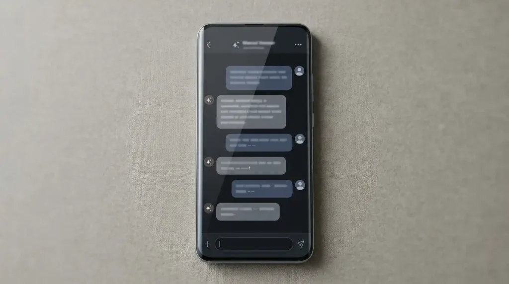 Smartphone showing a conversational AI chat interface