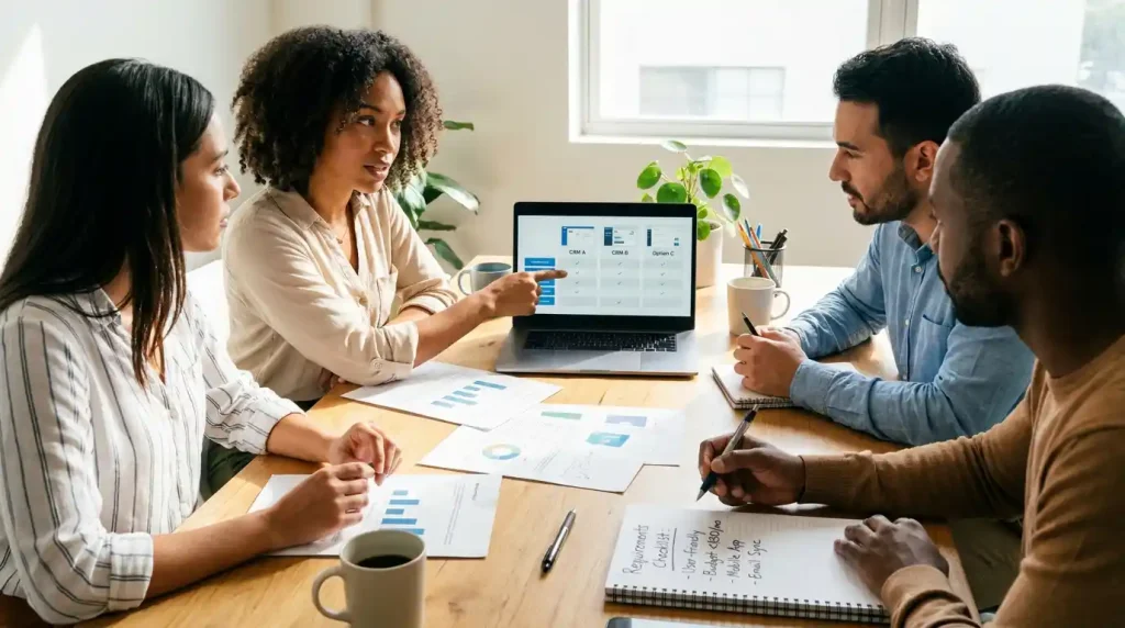 Business team evaluating content management software options together