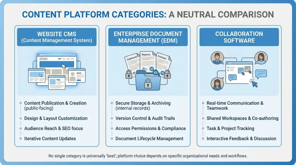 Comparison of website CMS, enterprise document management, and collaboration platforms
