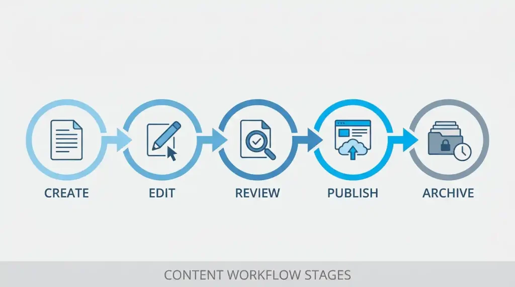 Content management system workflow from creating content to publishing and archiving
