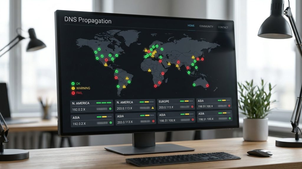 DNS propagation checker showing global results