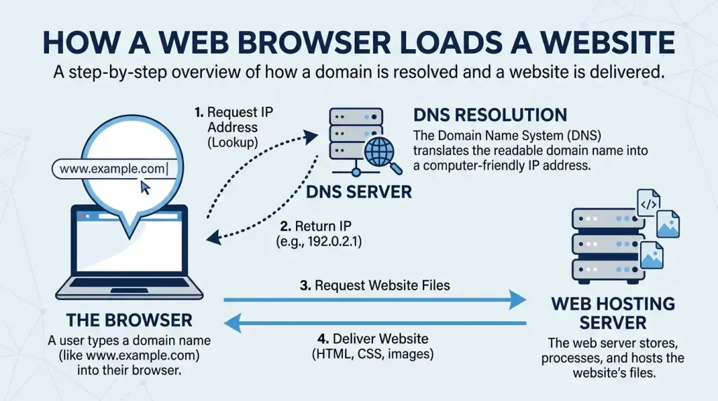 Diagram showing how a domain name connects visitors to web hosting