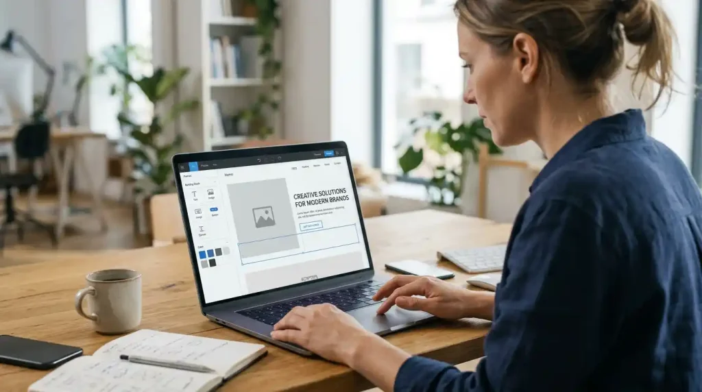 Web designer editing a WordPress page with a visual page builder