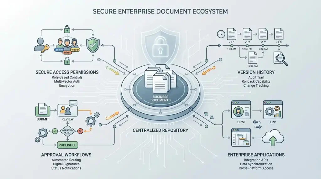 Enterprise content management illustration with secure documents and approval workflows