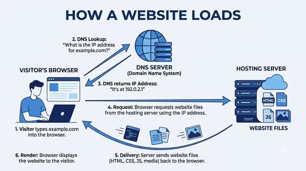 Diagram showing how a web host delivers website files to visitors