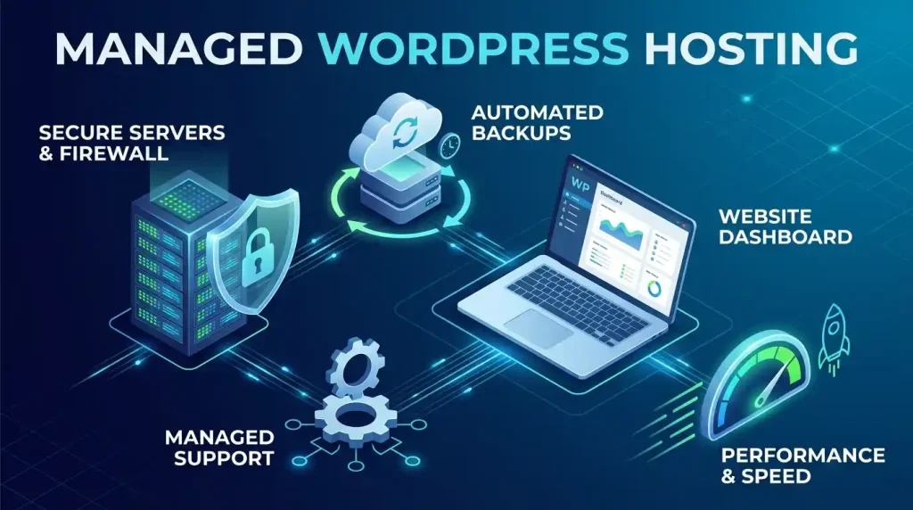 Managed WordPress hosting illustration with security, backups, and performance tools