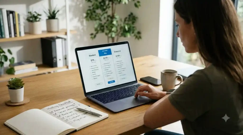 Checklist for comparing hosting prices, security, backups, and support