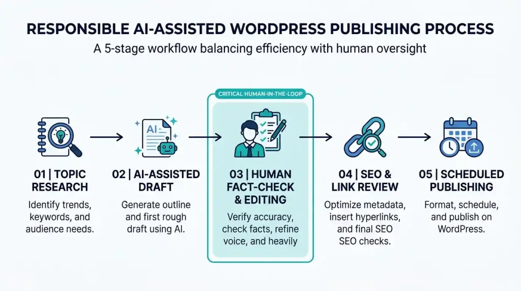 AI-assisted WordPress workflow from content planning to human review and publishing