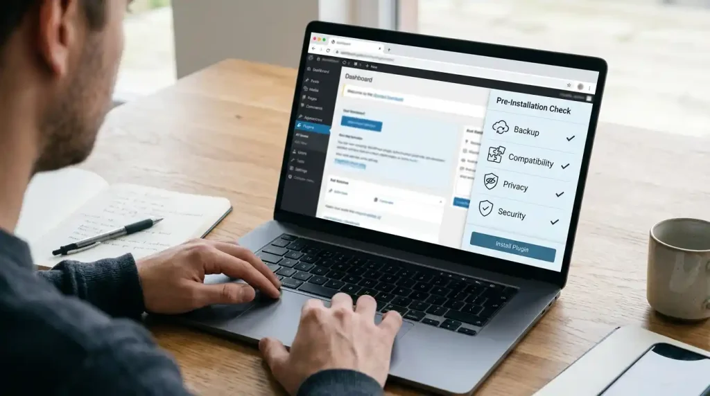 Website owner checking WordPress plugin settings and security