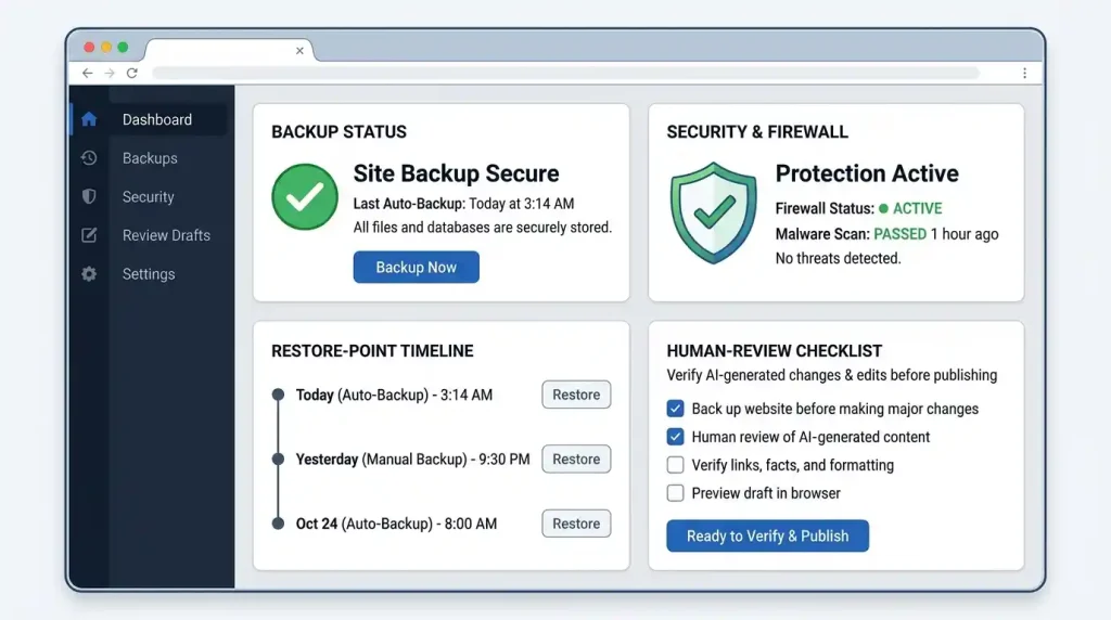 WordPress backup settings and review checklist before applying AI-generated changes