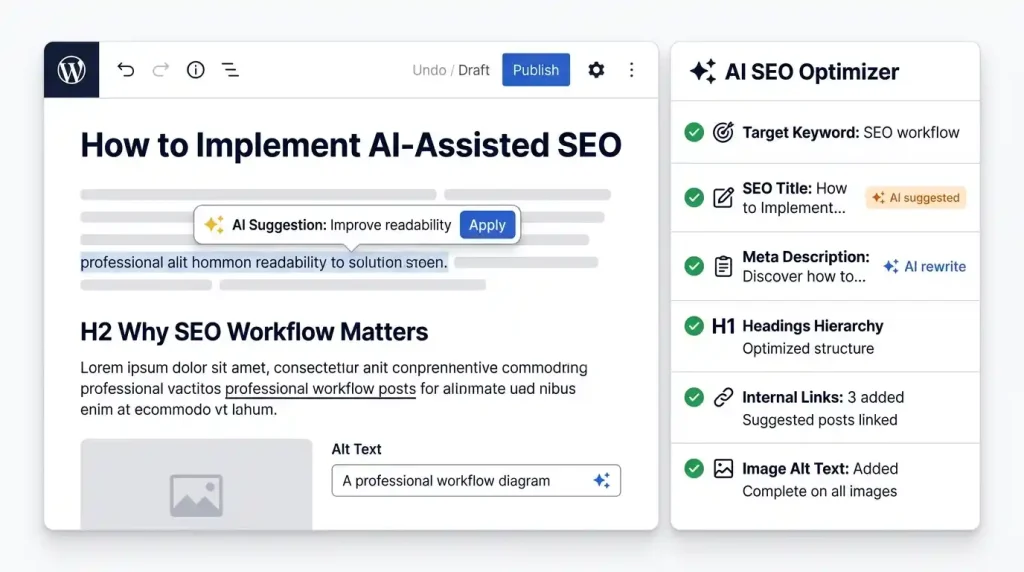 WordPress SEO checklist for titles, meta descriptions, headings, and image alt text