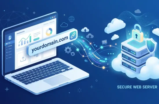 WordPress domain hosting guide showing a website and web server