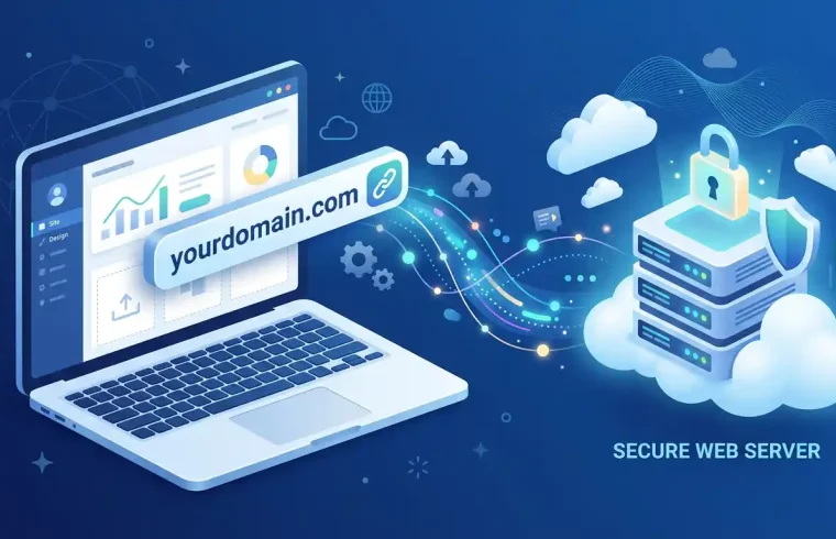 WordPress domain hosting guide showing a website and web server