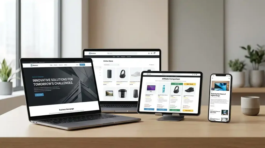 Blog, business website, affiliate page, and online store displayed on digital devices