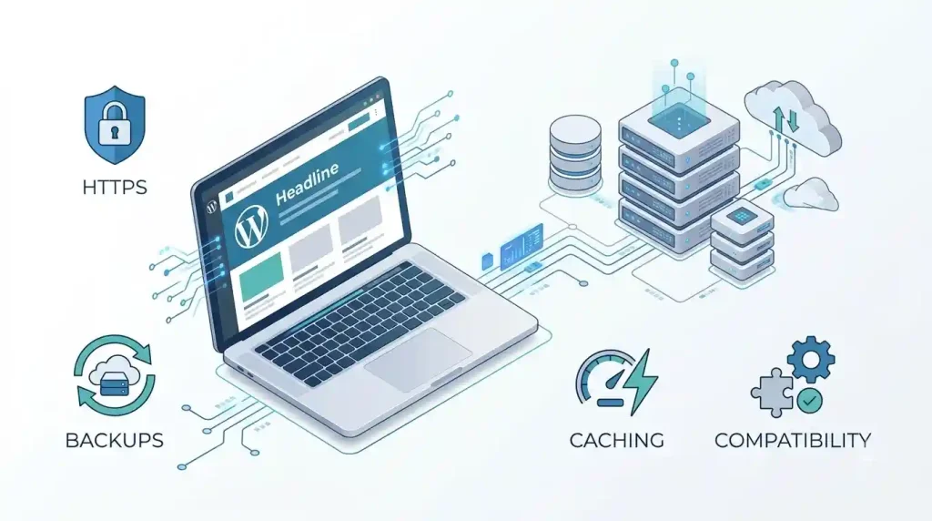 WordPress website connected to hosting infrastructure with backup and security features