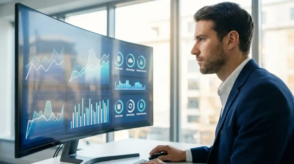Website administrator reviewing hosting performance, security, and backup information