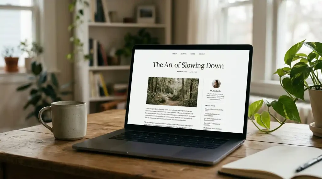 Clean blog layout displayed on a laptop using a WordPress theme