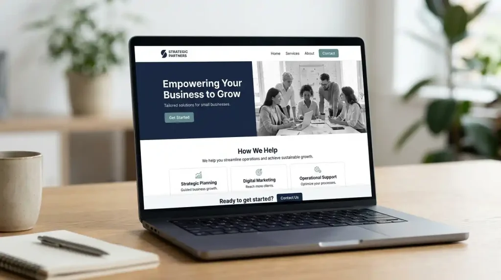 Small business website layout with services and contact information